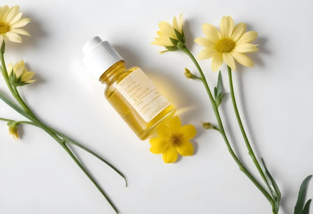 A Bottle Of Yellow Oil With A Dropper Next To Some Yellow Flowers On A White Surface 12 2f3d