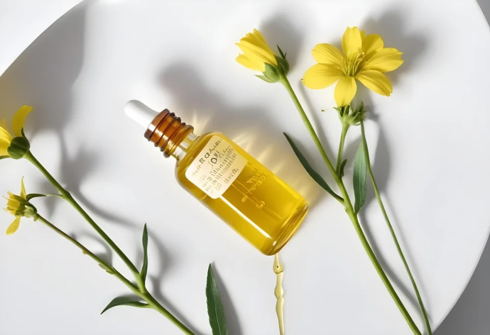 A Bottle Of Yellow Oil With A Dropper Next To Some Yellow Flowers On A White Surface 13 3a22