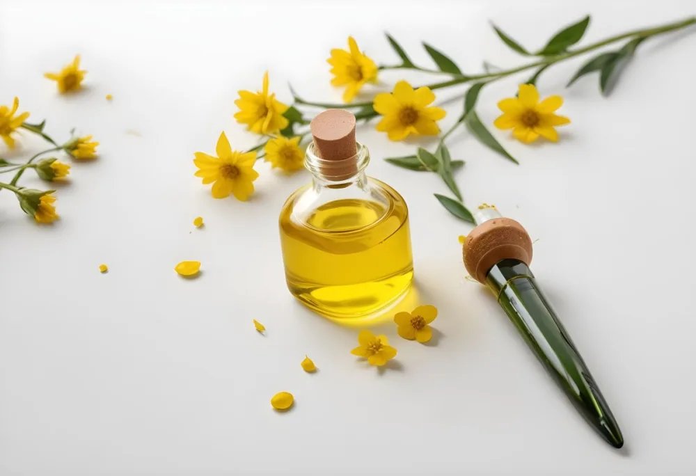 A Bottle Of Yellow Oil With A Dropper Next To Some Yellow Flowers On A White Surface 15 040d