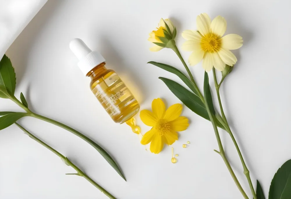 A Bottle Of Yellow Oil With A Dropper Next To Some Yellow Flowers On A White Surface 17 0263