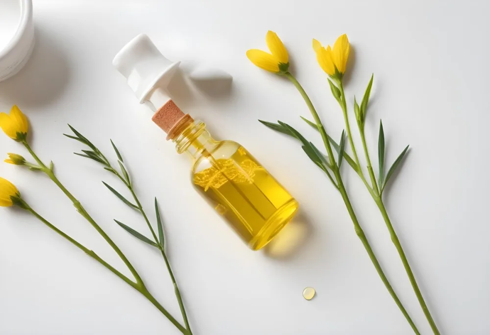 A Bottle Of Yellow Oil With A Dropper Next To Some Yellow Flowers On A White Surface 19 42a2