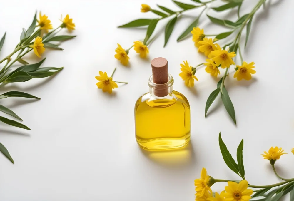 A Bottle Of Yellow Oil With A Dropper Next To Some Yellow Flowers On A White Surface 2 01d8