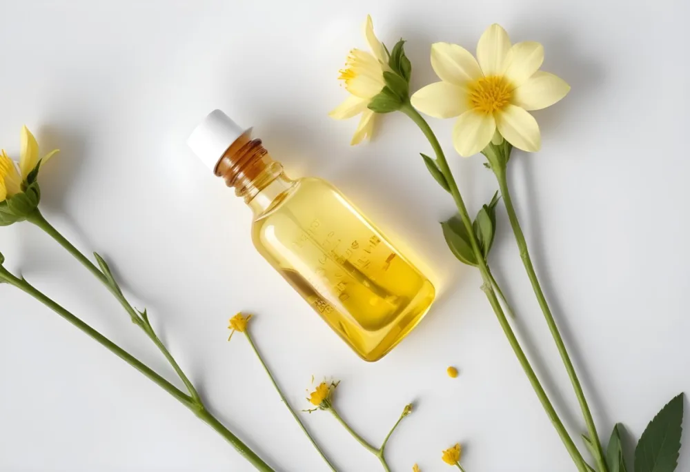 A Bottle Of Yellow Oil With A Dropper Next To Some Yellow Flowers On A White Surface 21 B7ea