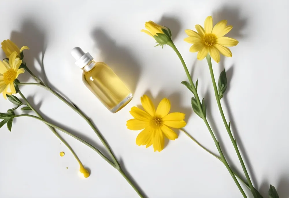 A Bottle Of Yellow Oil With A Dropper Next To Some Yellow Flowers On A White Surface 23 2f25