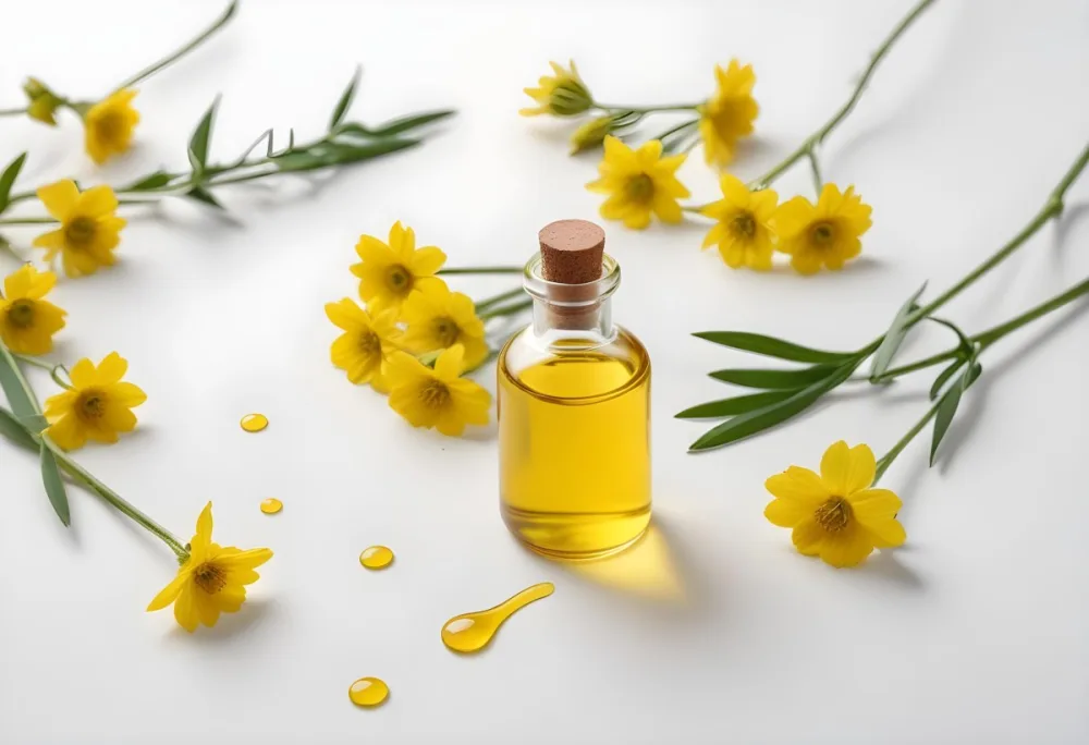A Bottle Of Yellow Oil With A Dropper Next To Some Yellow Flowers On A White Surface 25 6671