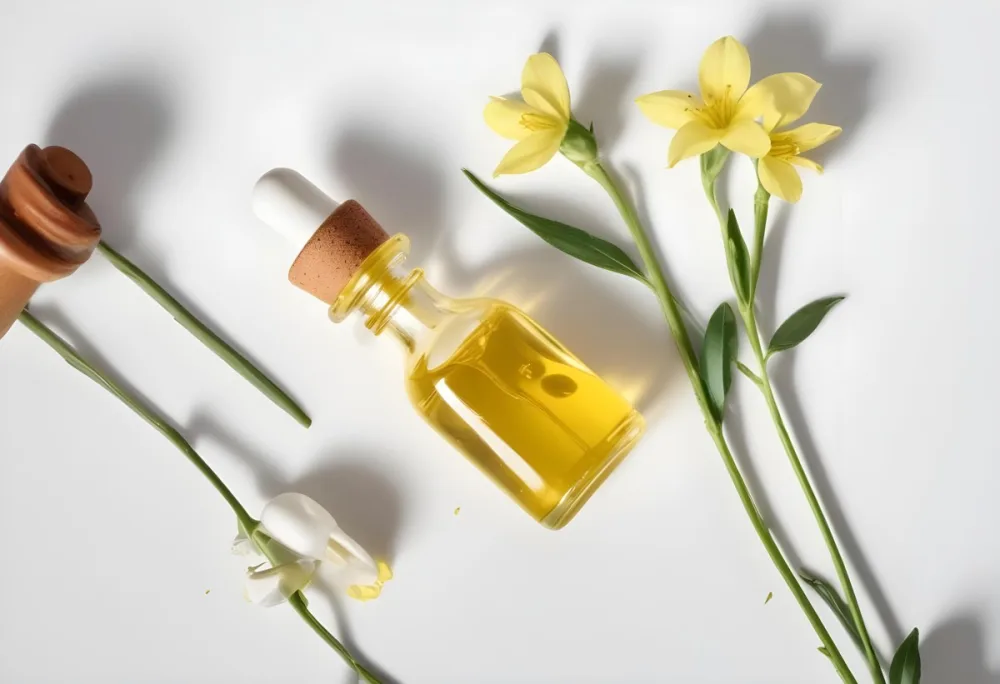 A Bottle Of Yellow Oil With A Dropper Next To Some Yellow Flowers On A White Surface 27 4fa2