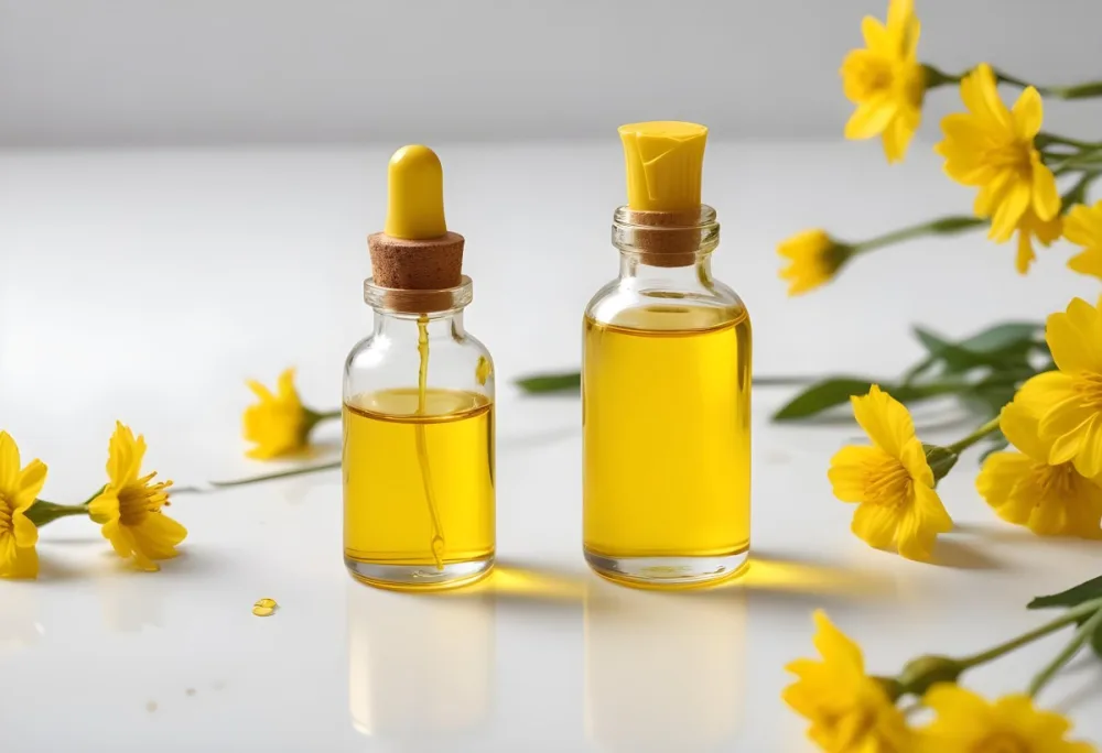 A Bottle Of Yellow Oil With A Dropper Next To Some Yellow Flowers On A White Surface 3 1a55