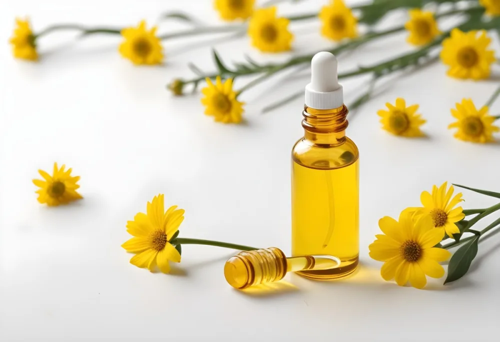 A Bottle Of Yellow Oil With A Dropper Next To Some Yellow Flowers On A White Surface 30 5ace