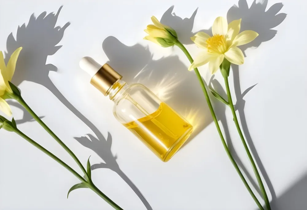A Bottle Of Yellow Oil With A Dropper Next To Some Yellow Flowers On A White Surface 31 5425