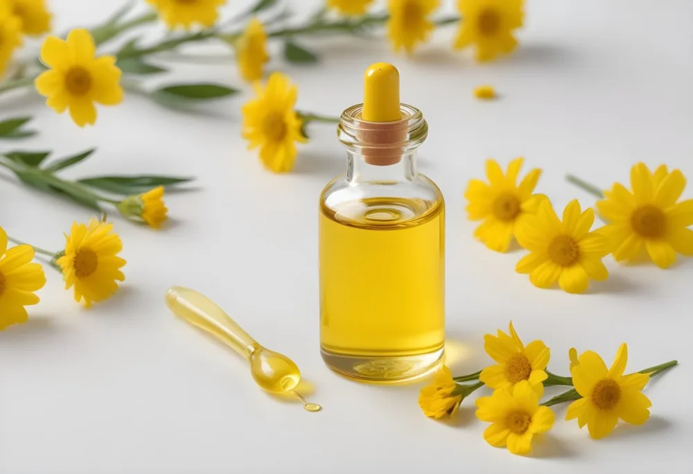 A Bottle Of Yellow Oil With A Dropper Next To Some Yellow Flowers On A White Surface 32 2349