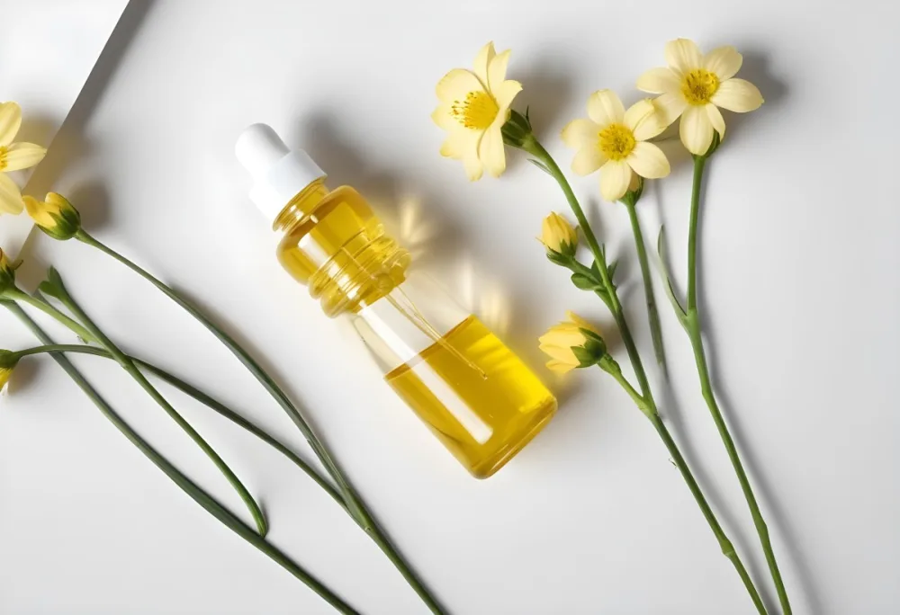 A Bottle Of Yellow Oil With A Dropper Next To Some Yellow Flowers On A White Surface 34 1075