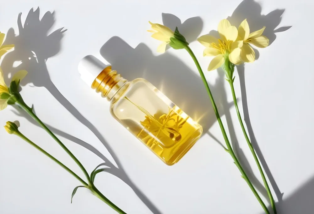 A Bottle Of Yellow Oil With A Dropper Next To Some Yellow Flowers On A White Surface 6 Bed7