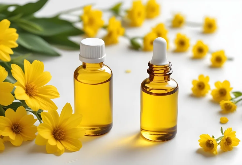 A Bottle Of Yellow Oil With A Dropper Next To Some Yellow Flowers On A White Surface 7 Fdeb