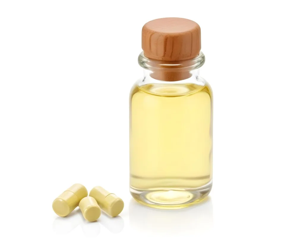 A Bottle Of Yellow Oil With A Wooden Cap And Some Capsules On A White Background 18 Ba40