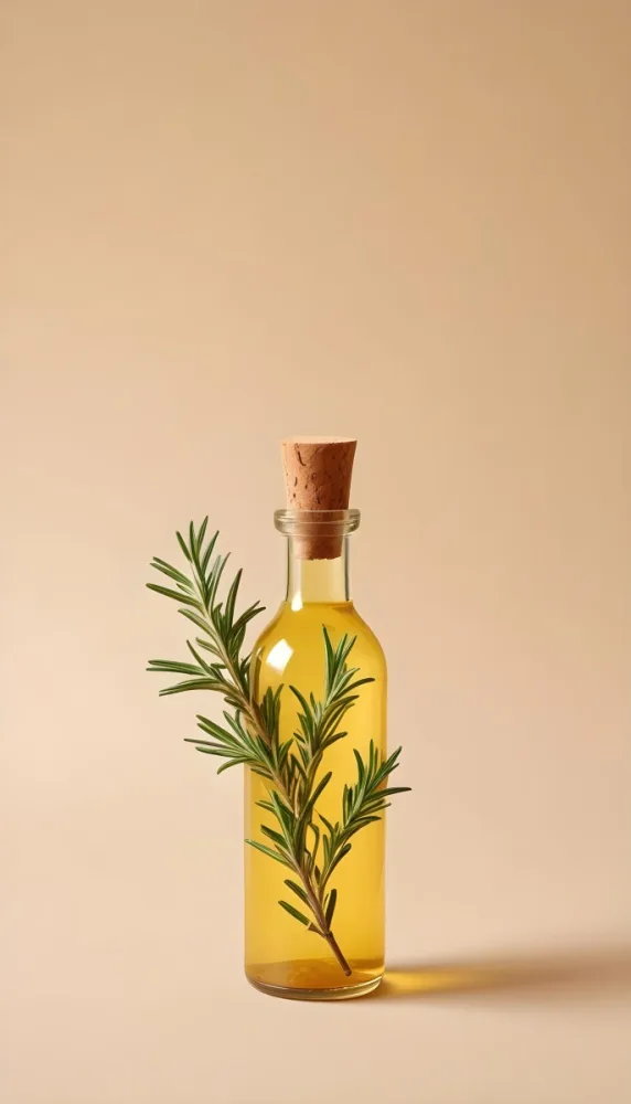 A Bottle With A Cork Containing Yellow Liquid And A Rosemary Branch On A Beige Background 15 7f24