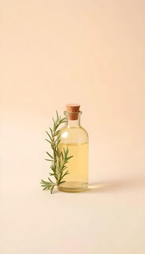 A Bottle With A Cork Containing Yellow Liquid And A Rosemary Branch On A Beige Background 2 2f41