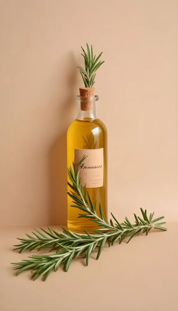 A Bottle With A Cork Containing Yellow Liquid And A Rosemary Branch On A Beige Background 22 Afb2