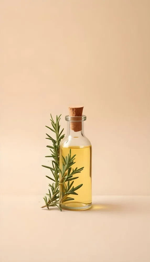 A Bottle With A Cork Containing Yellow Liquid And A Rosemary Branch On A Beige Background 25 Baf8