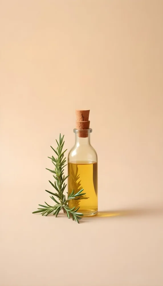 A Bottle With A Cork Containing Yellow Liquid And A Rosemary Branch On A Beige Background 27 396e