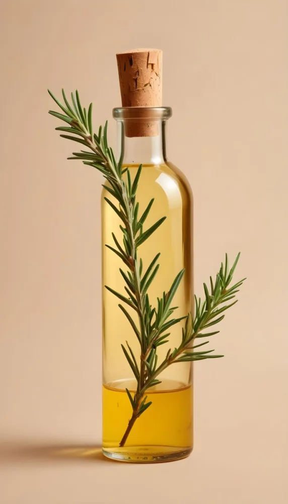 A Bottle With A Cork Containing Yellow Liquid And A Rosemary Branch On A Beige Background 28 Af6b