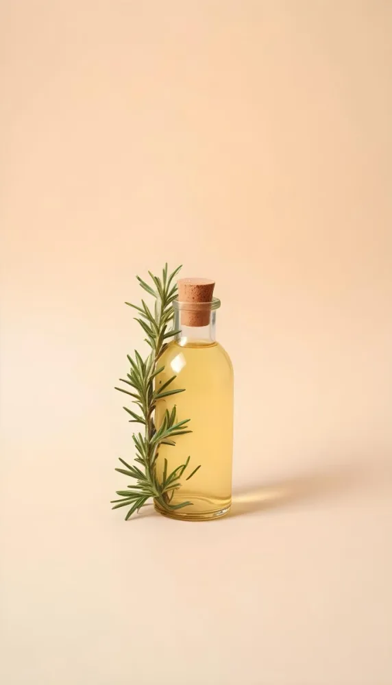 A Bottle With A Cork Containing Yellow Liquid And A Rosemary Branch On A Beige Background 3 8569