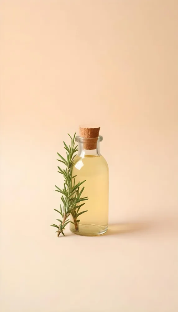 A Bottle With A Cork Containing Yellow Liquid And A Rosemary Branch On A Beige Background 5 5d88