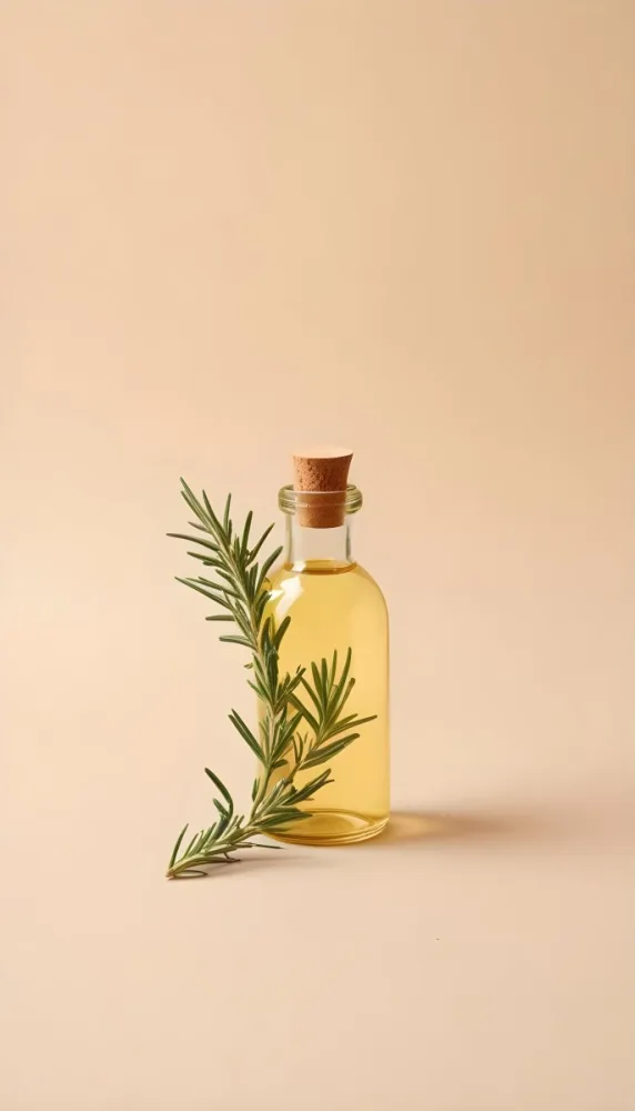 A Bottle With A Cork Containing Yellow Liquid And A Rosemary Branch On A Beige Background 6 Af5b