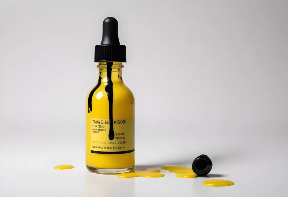 A Bottle With Yellow Liquid And A Black Dropper On A White Surface With A Black Background 21 85ed