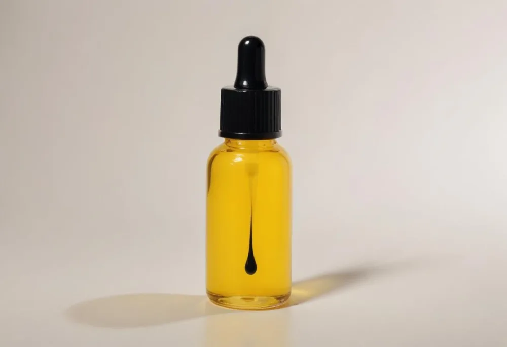A Bottle With Yellow Liquid And A Black Dropper On A White Surface With A Black Background 29 5623