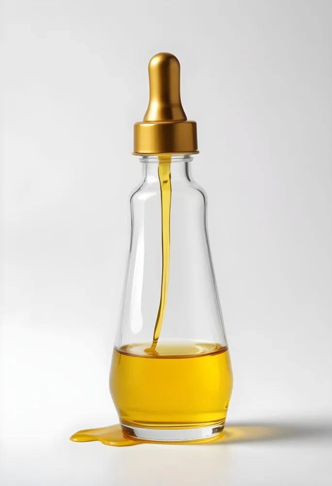 A Bottle With Yellow Oil And A Golden Dropper With A White Cap On A White Background 13 Fd45