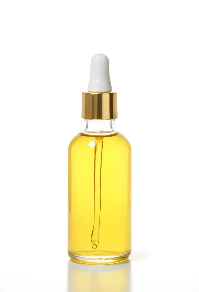 A Bottle With Yellow Oil And A Golden Dropper With A White Cap On A White Background 25 Ebf8