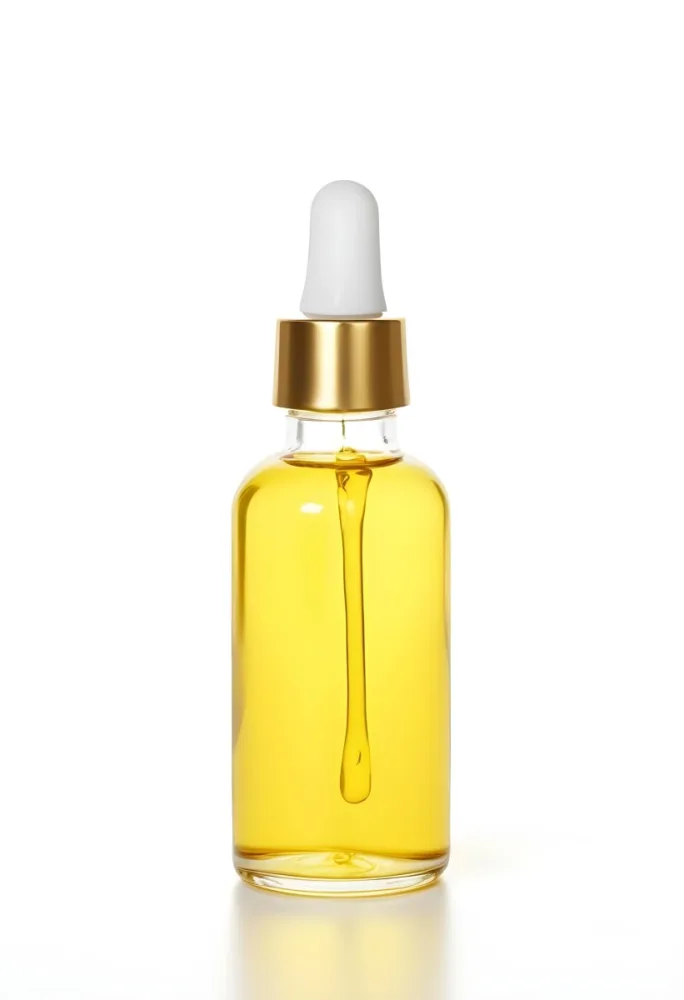 A Bottle With Yellow Oil And A Golden Dropper With A White Cap On A White Background 4 1f19