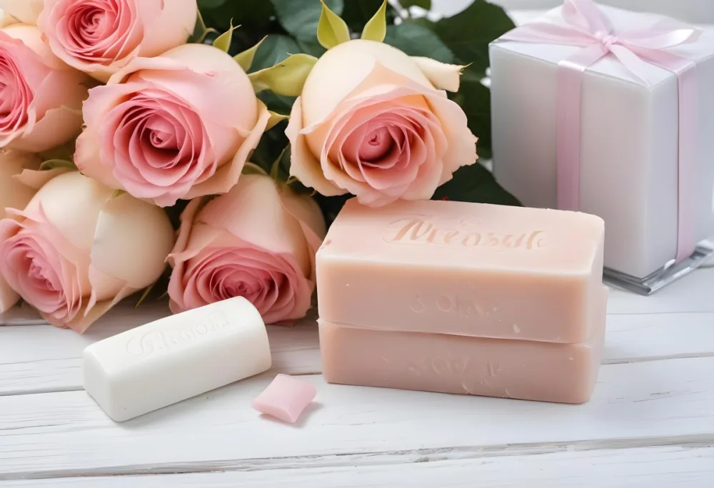 A Bouquet Of Pink And White Roses With Two Bars Of Soap And A Candle On A White Wooden Table 23 245c