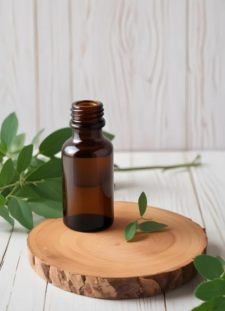 A Brown Glass Bottle Of Essential Oil On A Wooden Board With Green Leaves In The Background Surrounded By A Clear Glass Bottle On A Marble Surface With Tropical Plants In The Background 9 F66d