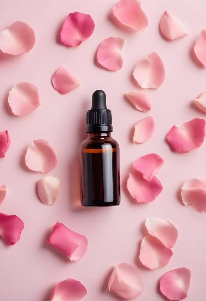A Brown Glass Bottle Of Facial Serum Or Oil Surrounded By Pink Rose Petals On A Pink Background 18 Bf17