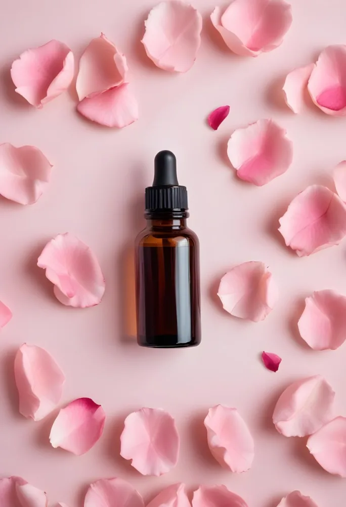 A Brown Glass Bottle Of Facial Serum Or Oil Surrounded By Pink Rose Petals On A Pink Background 19 2c2e