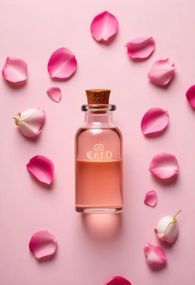 A Brown Glass Bottle Of Facial Serum Or Oil Surrounded By Pink Rose Petals On A Pink Background 9 3699