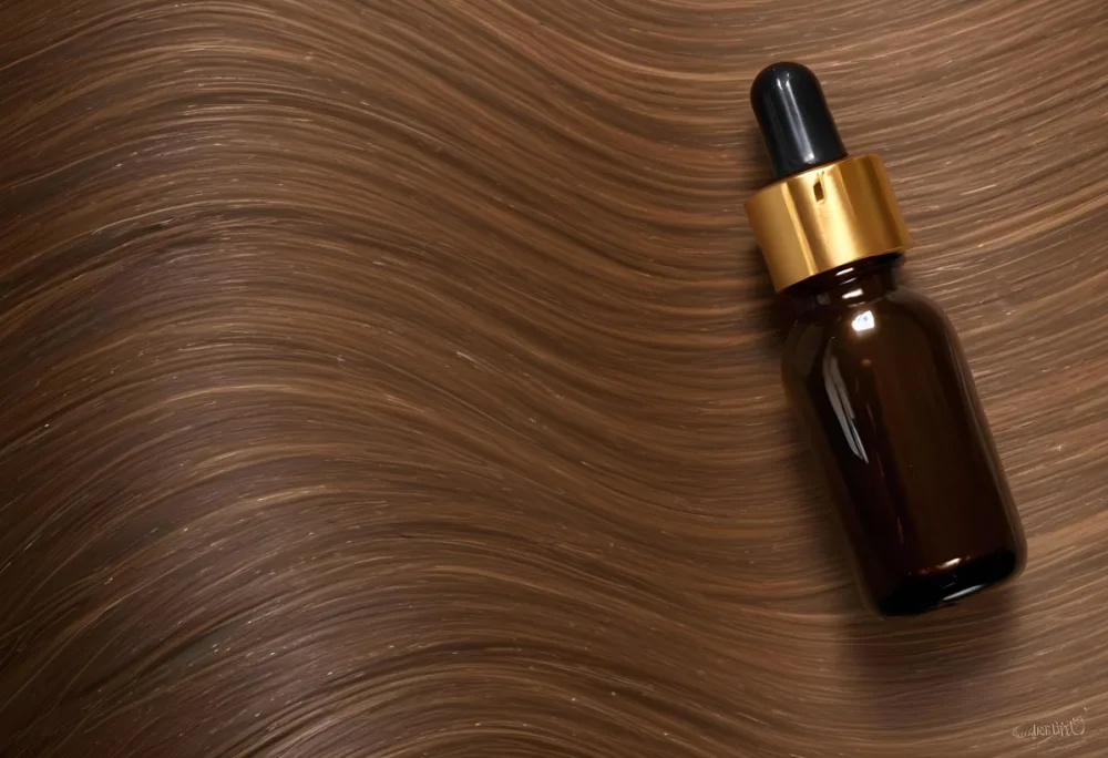 A Brown Glass Bottle With A Dropper On A Background Of Brown Hair The Hair Is Wavy And Shiny The Bottle Is In The Upper Right Corner 11 Ee0f