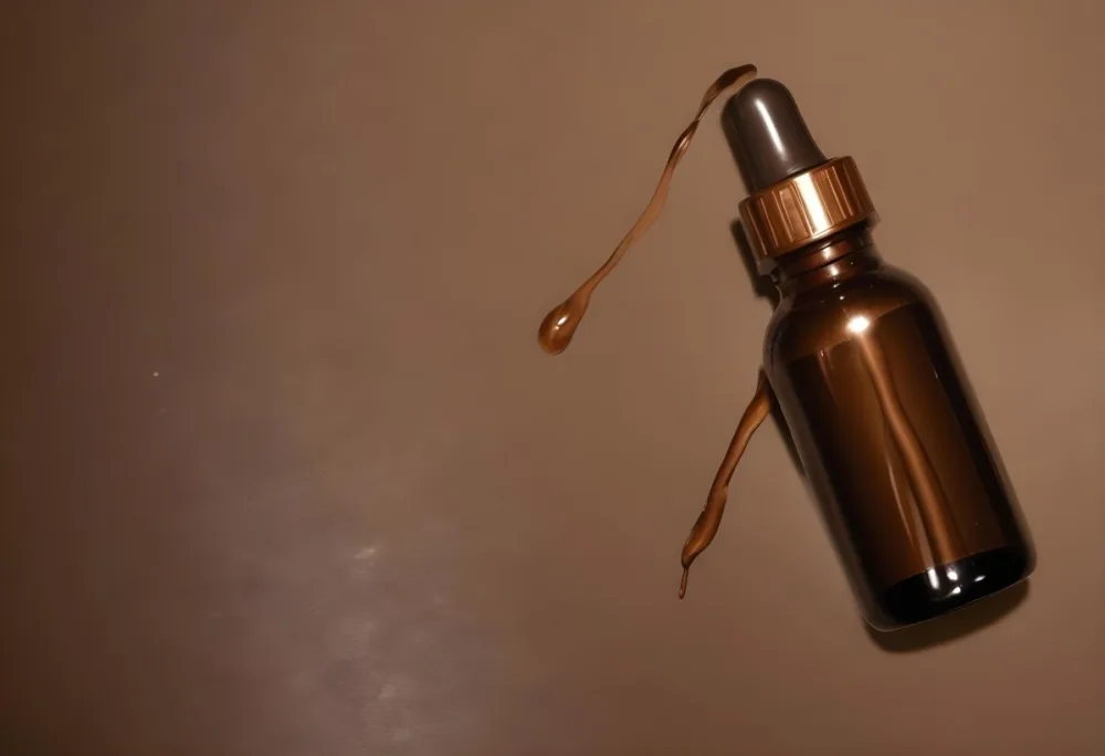 A Brown Glass Bottle With A Dropper On A Background Of Brown Hair The Hair Is Wavy And Shiny The Bottle Is In The Upper Right Corner 16