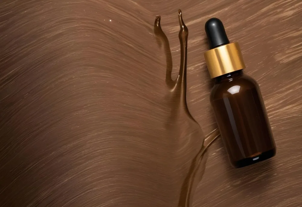 A Brown Glass Bottle With A Dropper On A Background Of Brown Hair The Hair Is Wavy And Shiny The Bottle Is In The Upper Right Corner 24