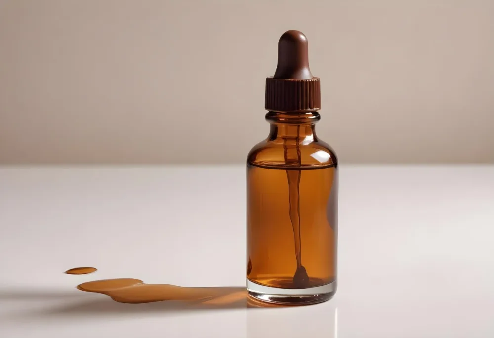 A Brown Glass Bottle With A Dropper On A White Surface With Brown Wavy Hair In The Background 5 Aa3f