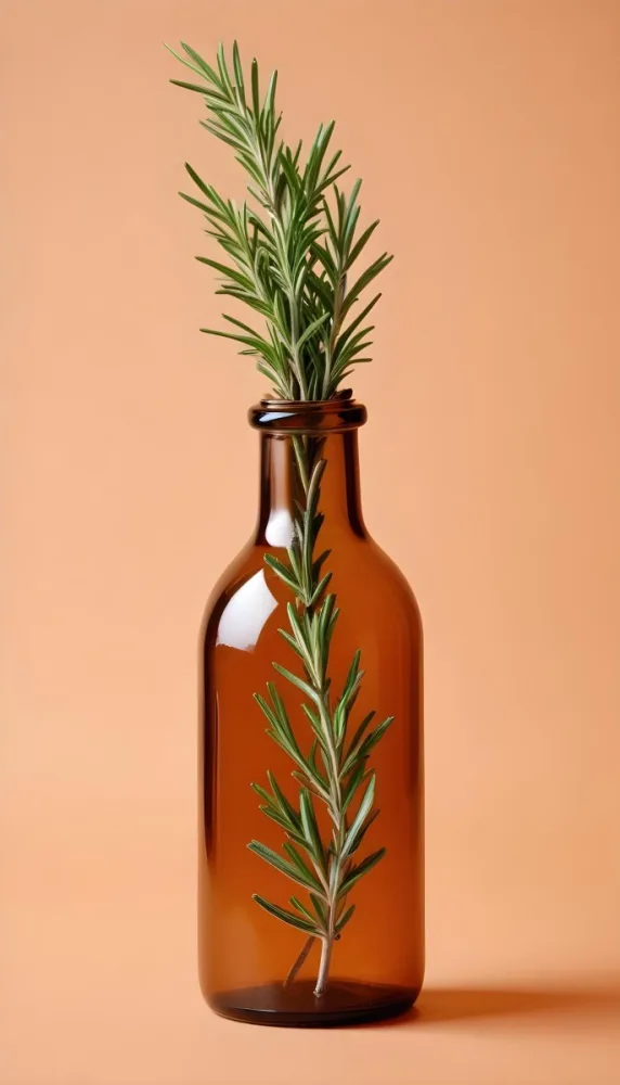 A Brown Glass Bottle With A Sprig Of Rosemary Next To It On A Plain Light Orange Background 12 A328