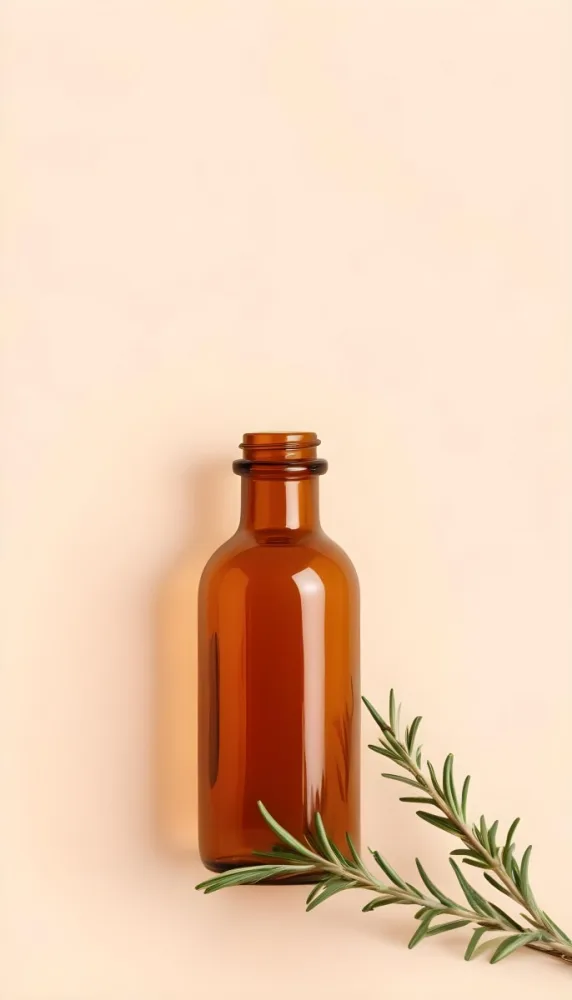 A Brown Glass Bottle With A Sprig Of Rosemary Next To It On A Plain Light Orange Background 16 01fa