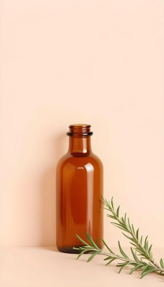 A Brown Glass Bottle With A Sprig Of Rosemary Next To It On A Plain Light Orange Background 2 6a32