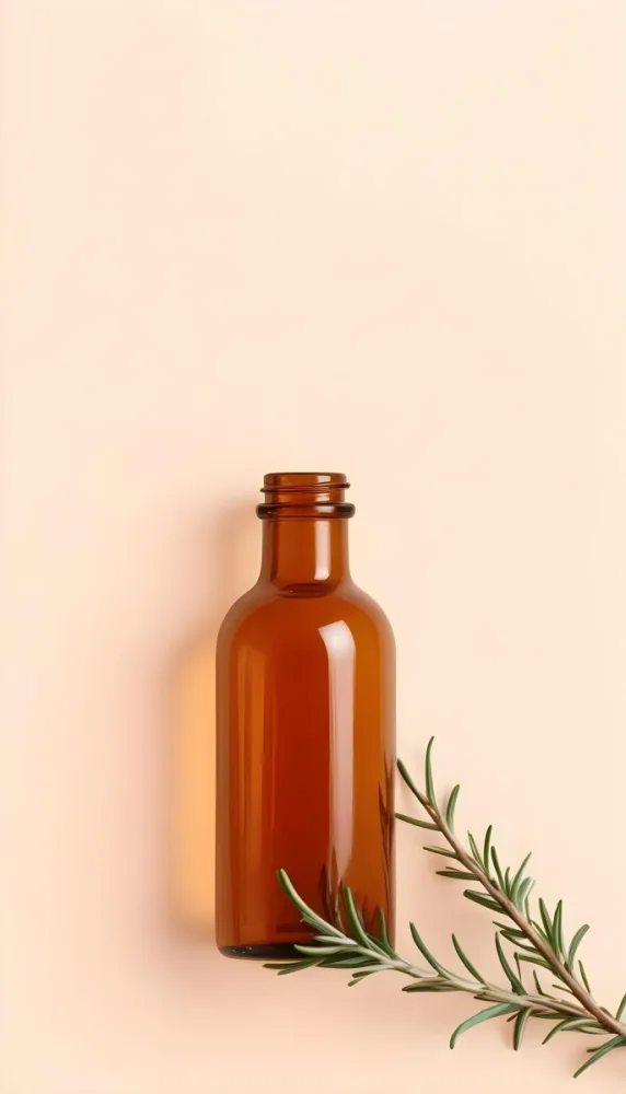 A Brown Glass Bottle With A Sprig Of Rosemary Next To It On A Plain Light Orange Background 20 0187