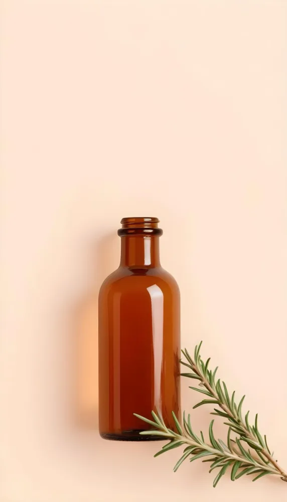 A Brown Glass Bottle With A Sprig Of Rosemary Next To It On A Plain Light Orange Background 25 5947