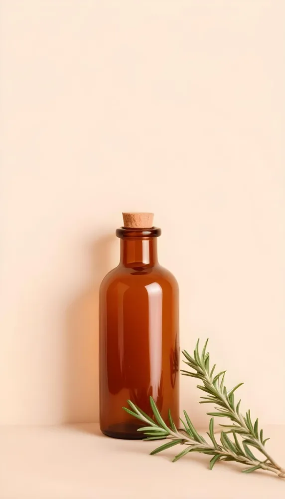 A Brown Glass Bottle With A Sprig Of Rosemary Next To It On A Plain Light Orange Background 26 87cd
