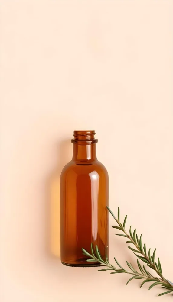A Brown Glass Bottle With A Sprig Of Rosemary Next To It On A Plain Light Orange Background 28 B48d