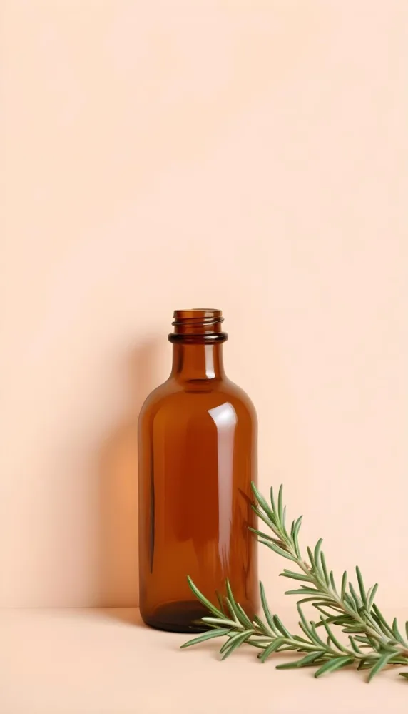 A Brown Glass Bottle With A Sprig Of Rosemary Next To It On A Plain Light Orange Background 4 00f9