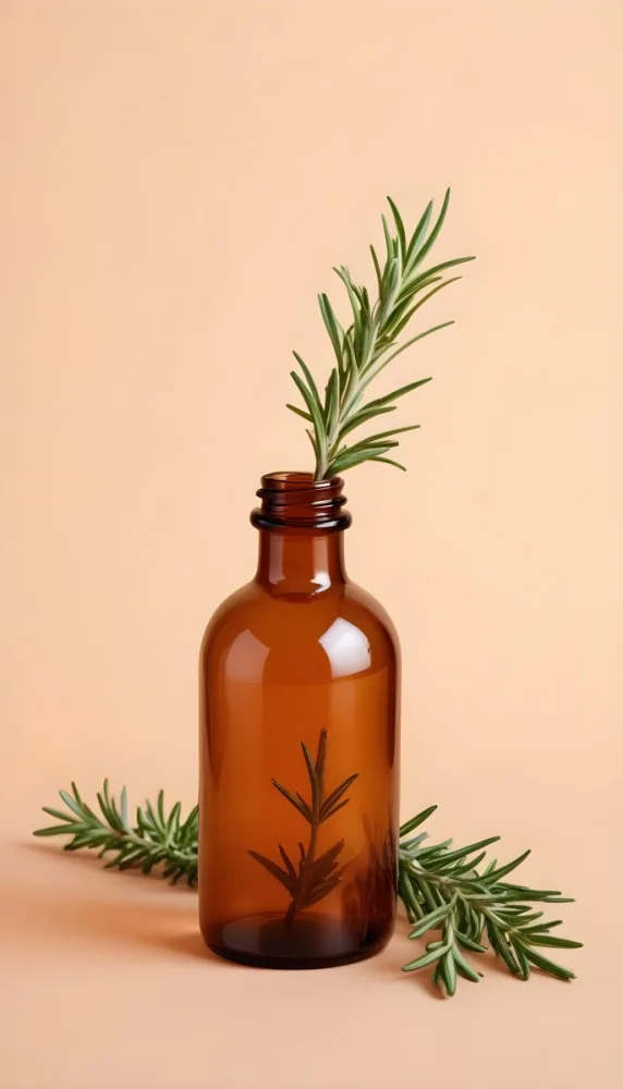 A Brown Glass Bottle With A Sprig Of Rosemary Next To It On A Plain Light Orange Background 5 44a9